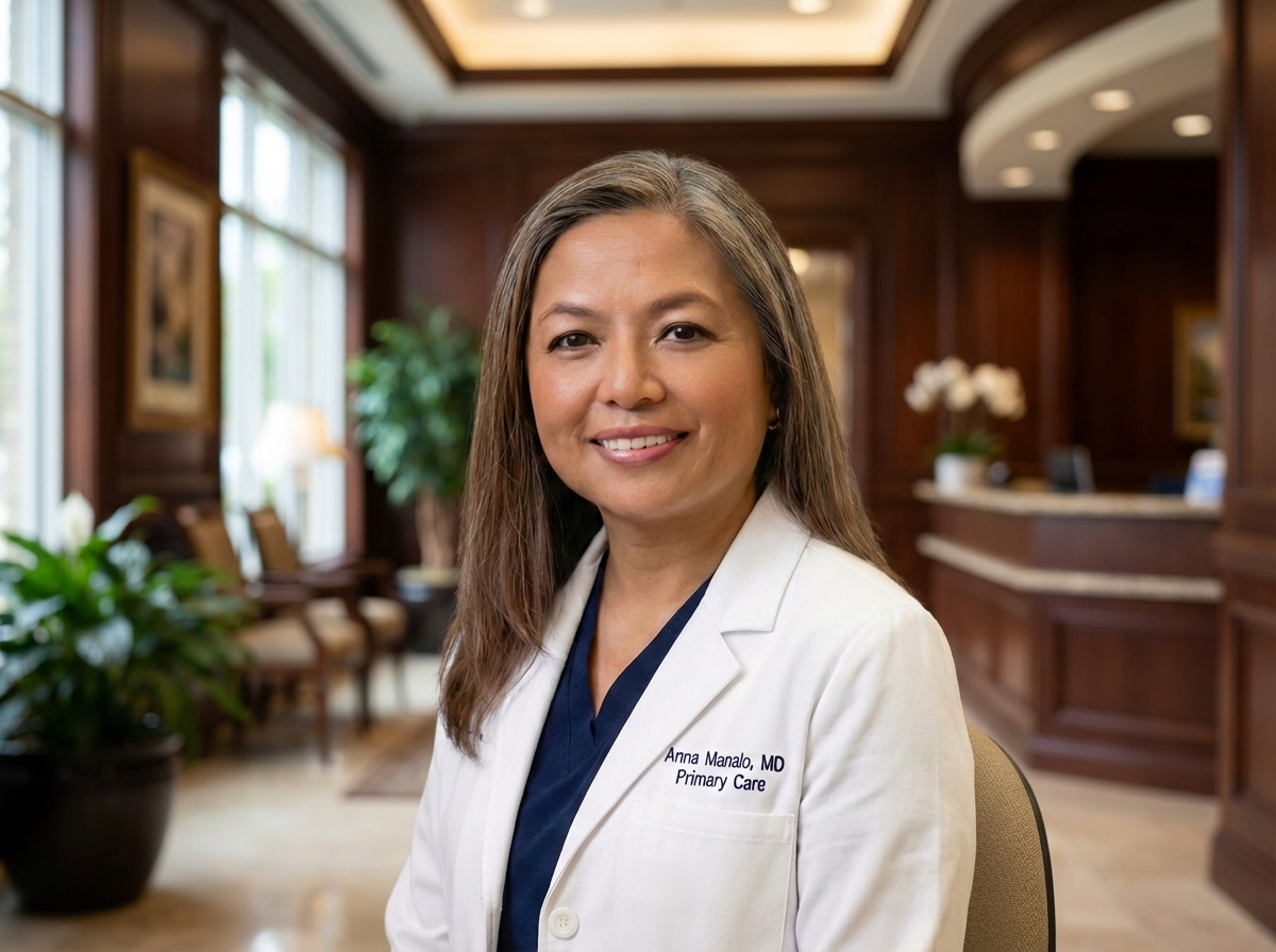 Professional Asian American female nurse practitioner with glasses in medical coat sitting in modern medical office